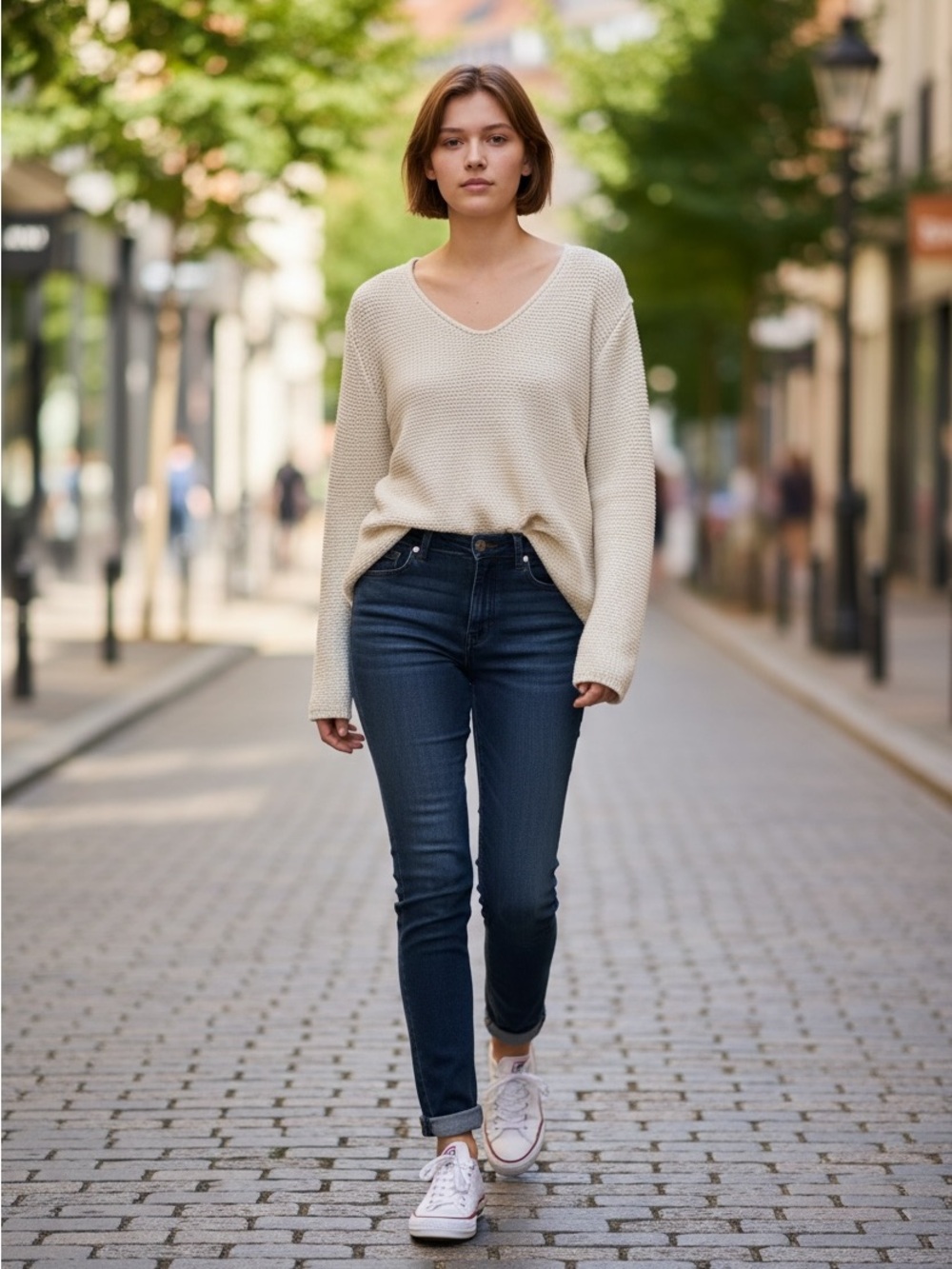 Classic Cream V-Neck Cotton Knit Sweater